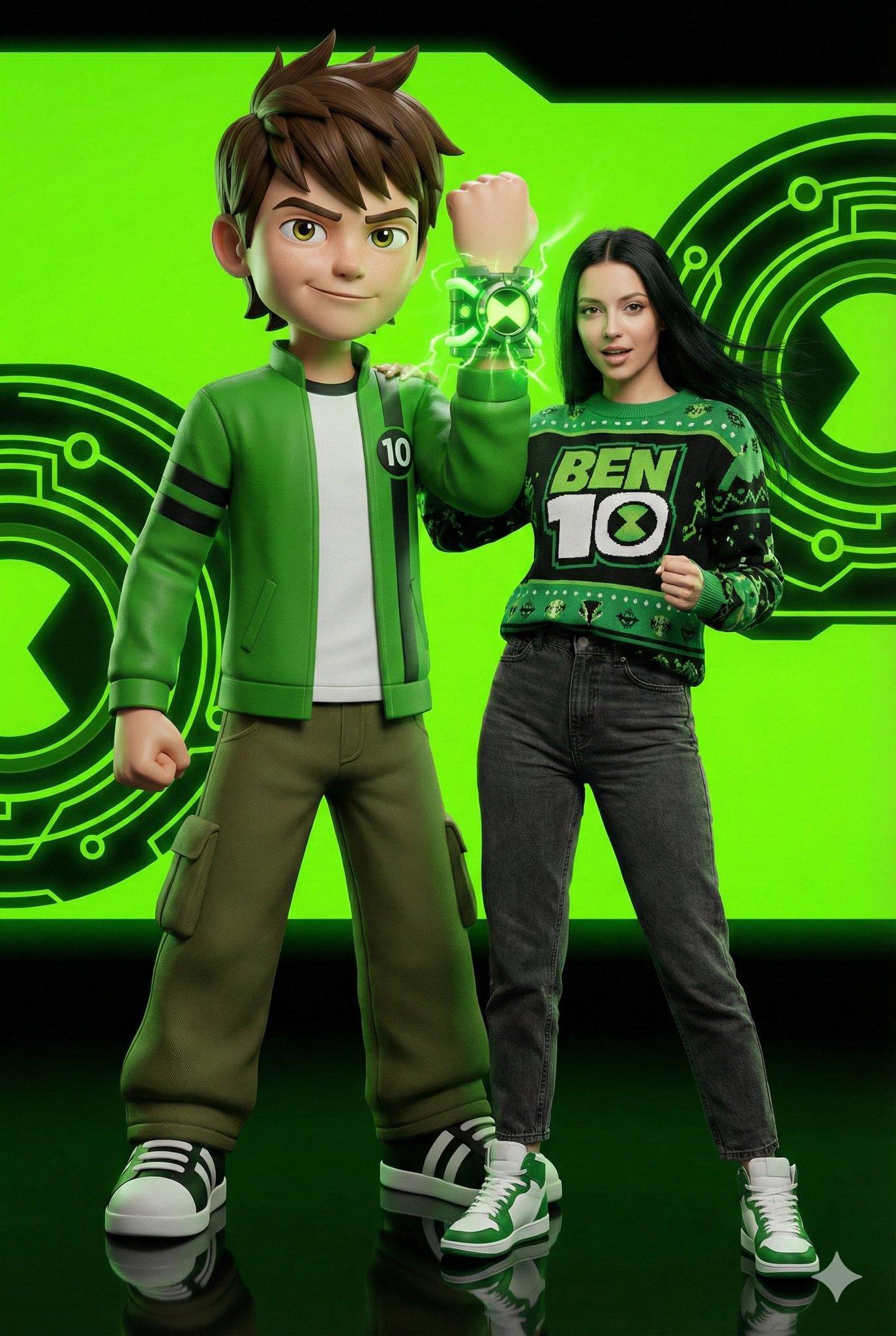 Person beside giant 3D Ben 10 activating Omnitrix — neon circuitry backdrop