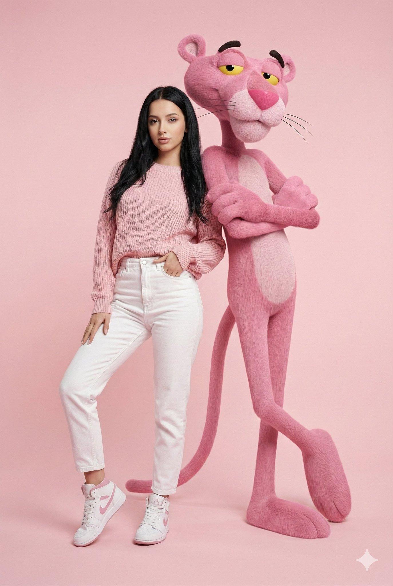 Person posing with tall 3D Pink Panther — pastel pink backdrop