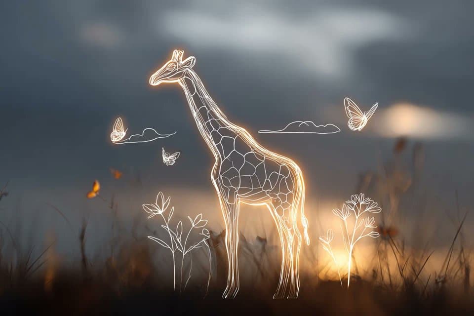Glowing contour illustration of a giraffe with floating birds