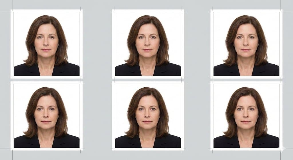 Nano Banana prompt output showing six ID photos on one sheet