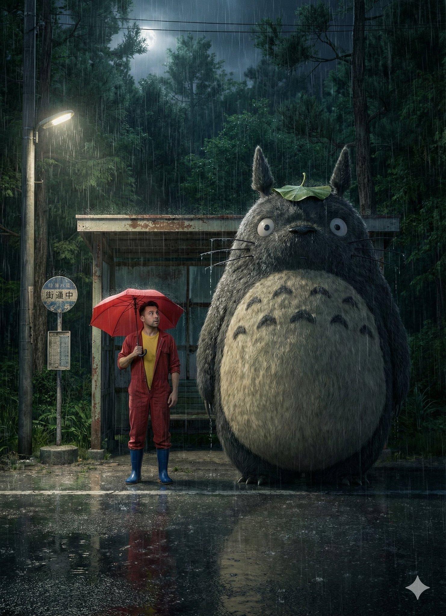 Rainy night bus stop scene with Totoro and human under red umbrella
