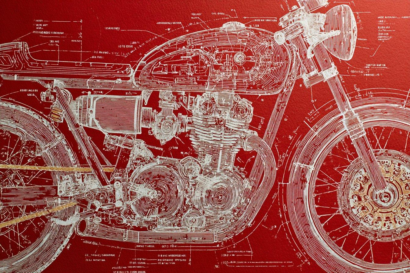 Sgraffito mechanical blueprint etched through layered color