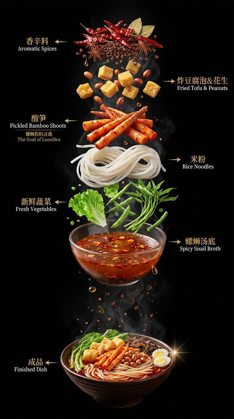 Alternate Dan Dan noodle layer layout with ingredient callouts