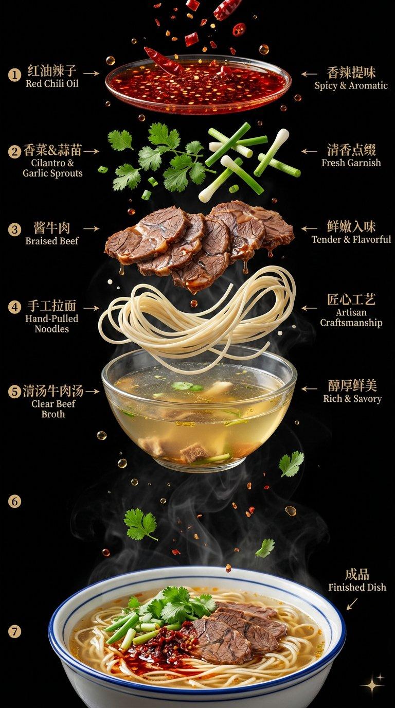 Finished Dan Dan noodles bowl with ingredient stack above