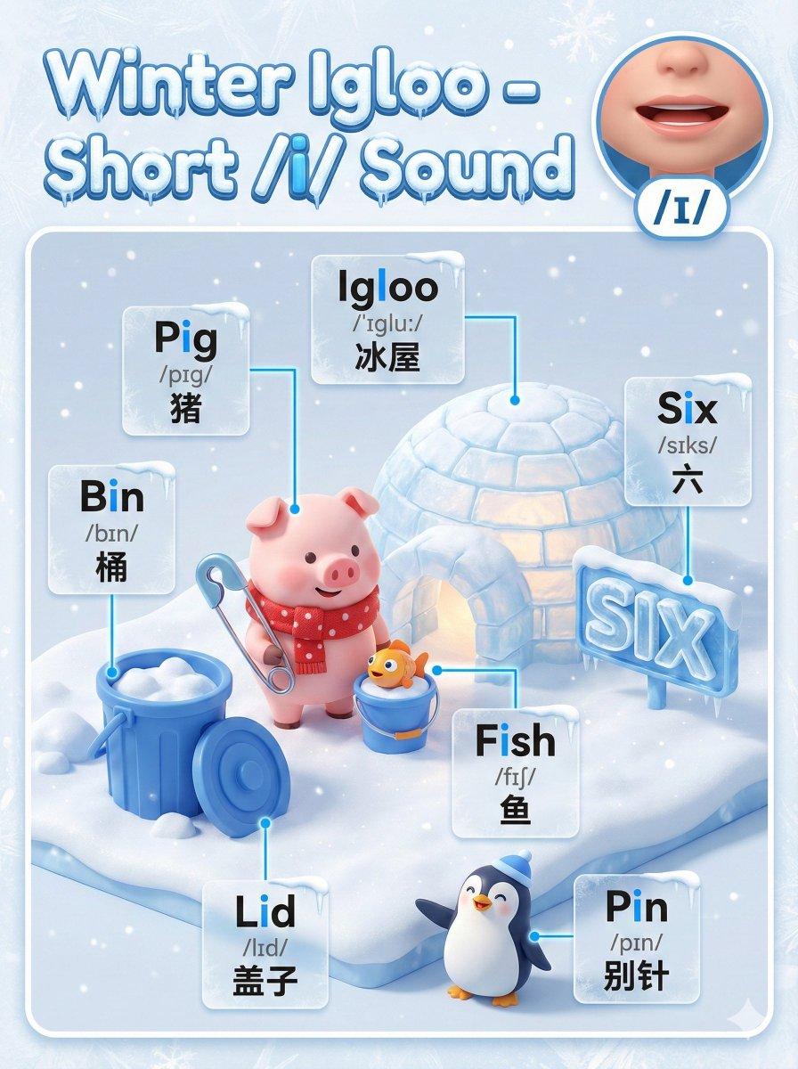 Bilingual English phonics learning poster with 3D scenes and labeled objects